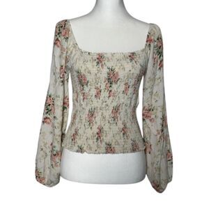 American Eagle Smocked Milkmaid Prairie Top Women Large Floral Puff Sleeve Pink